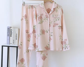 Conjunto de pijama de muselina floral: 100 % algodón, manga larga, para estar en casa