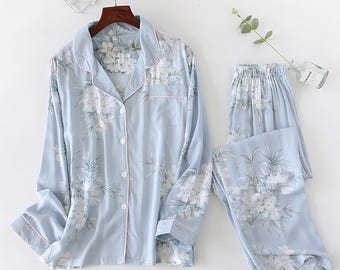 Conjunto de muselina de flores de seda 100 % algodón, ropa de casa de manga larga de algodón y lino japonés, ideal para regalar en Navidad.