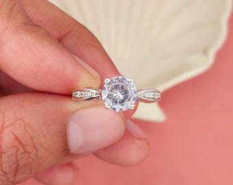 Sterling Silver CZ Engagement Ring | 925 Silver Solitaire Ring | Round Cut Cubic Zirconia | Bridal Promise Ring | Vintage Inspired