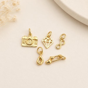 14K & 10K Solid Gold Mini Charms | Camera Diamond Infinity Flame Safety Pin