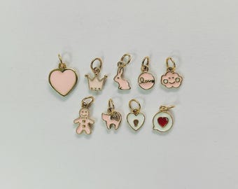 Różowy wisiorek z emalii Kawaii | Serce, korona, króliczek, chmurka, kotek z piernika, kłódka w kształcie serca, SMS z miłością | Pozłacana biżuteria DIY