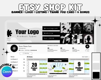 Black White Onyx Theme | Etsy Shop Branding Kit Canva Templates | Editable Logo, Banner, Thank You Card | Small Business Brand Design Bundle