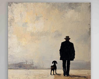 Man and Dog Wall Art Scandinavian Figurative Painting Large Beige Textured Canvas Art, hand-painted portrait oil painting,"Farewell Series"