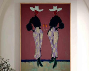 Cowgirl Martini Oil Painting, Modern Western Bar Art, Framed cowgirls Canvas