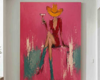 Cowgirl Wall Art, Fashion Woman with Cocktail Painting, Western Glam Canvas Art, Modern Figurative Oil Painting, Hand Painted Wall Decor