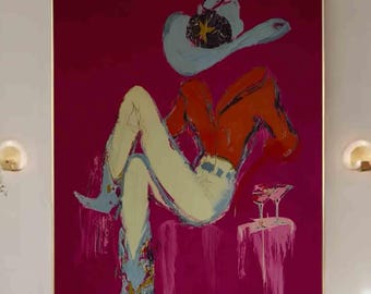 Moderne westliche Mann Wandkunst, Cowboy-Ölgemälde, abstrakte westliche Mann Leinwandkunst, rosa gerahmte Wandkunst, Martini Glaskunst