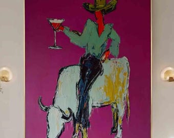 Modern Western Wall Art ,Abstract Bull and Woman Artwork ,Fashion Rodeo Canvas Print,Red Maximalist Art , Modern Farmhouse Decor