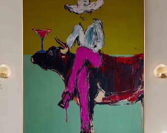 Modern Western Woman Wall Art,Cowgirl Oil Painting, Abstract Western woman Canvas Art,red Framed wall art