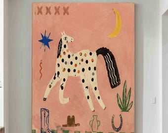 Spotted Horse Wall Art, Western Folk Art Painting,Pink Cowgirl Decor,Southwestern Horse Canvas, Rustic Ranch Wall Decor,Hand Painted Artwork