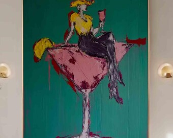 Original Cowgirl Martini Art, moderne westliche Glam-Wand-Kunst-Malerei, Cocktail-Art-Bar-Warenkorb-Dekor, grüne Wandkunst