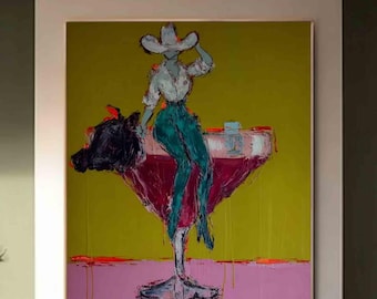 Moderne Western Frau Wandbild, Cowgirl Ölgemälde, Abstrakte Western Frau Leinwand Art, Martini Glass Art