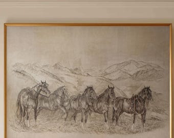 Original Horse Oil Painting, Large Framed Canvas, Western horse Wall Art