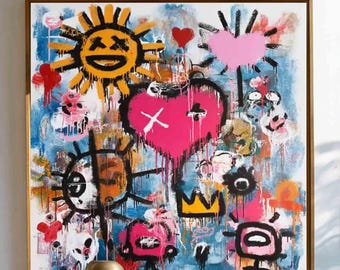 Large Abstract Graffiti Beige Painting: Textured Pop Art Canvas, Original Street Art