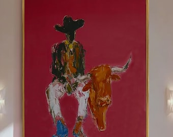 Modern Bullfighter Art painting ,Abstract Western Wall Art,Maximalist Cowboy Canvas,Bold Red Expressionist Painting,Textured Western Decor