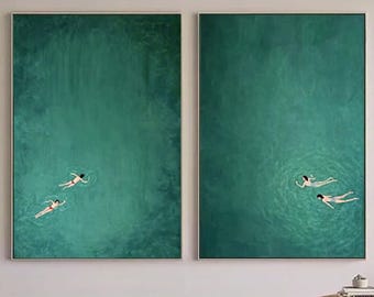 Set of 2 Swimming Pool Oil Painting: Group Diving, Sea Art, green Original Canvas