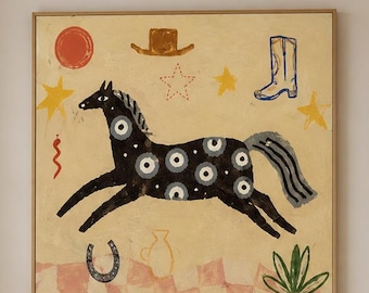 Spotted Horse Wall Art, Western Folk Art Painting,black Southwestern Horse Canvas, Rustic Ranch Wall Decor,Hand Painted Artwork