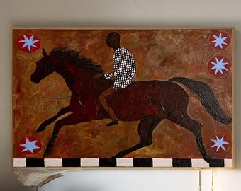 Original Surreal Horse Painting Western Rider Large brown Textured Wall Art