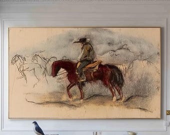 Western Cowboy Horse Painting, Vintage Equestrian Wall Art, Cowboy Riding Horse Canvas, Rustic Ranch Art, Neutral Western Home Decor