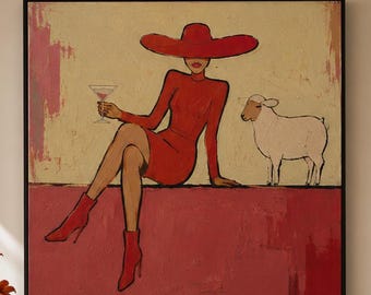 Modern Cowgirl Wall Art, Fashion Lady with Martini Painting, Western Canvas Decor, Hand Painted Artwork
