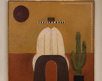 Mid Century Modern Wall Art, Southwestern Desert Figure Painting, Minimalist Cowboy Canvas Art, Hand Painted Abstract Wall Decor