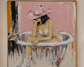 Hand Painted Cowgirl Oil Painting, Western Woman Wall Art, white Cowboy Boots Canvas, Bathtub Artwork, Large Western Chic Decor