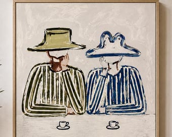 Large Abstract Cowboys Couple Figures Painting, Cowboy couple coffee wall art,beige Textured Wall Art