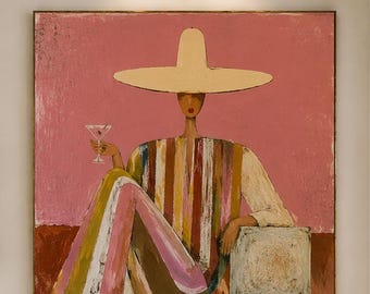 Cocktail Lady Wall Art, Modern Fashion Portrait, Striped Dress Canvas Painting, Contemporary Living Room Decor