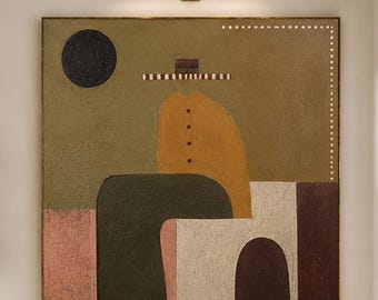 Abstract Figure Wall Art, Mid Century Modern Painting, Geometric Minimalist Canvas, Neutral Living Room Decor