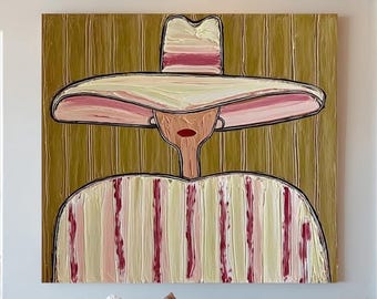 Abstract Western Cowgirl Oil Painting,pink hat woman Framed Canvas Wall Art,Sage green minimalist canvas painting
