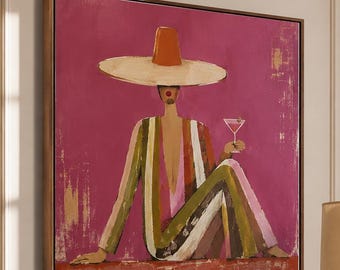 Fashion Woman Wall Art, Cocktail Lady Painting, Colorful Abstract Portrait Canvas, Modern Figurative Wall Art, Hand Painted Oil Painting