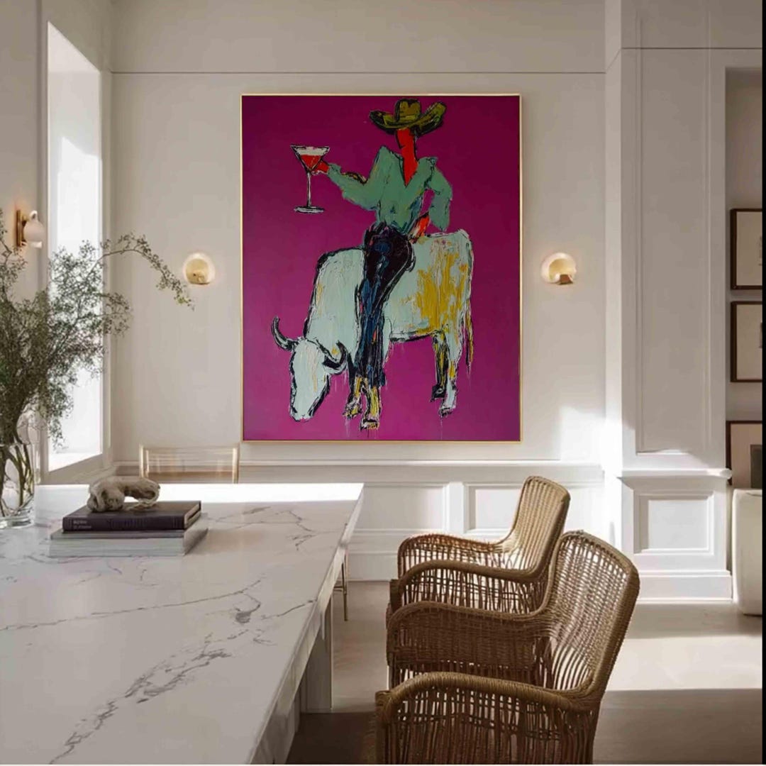 Modern Western Wall Art ,abstract Bull and Woman Artwork ,fashion Rodeo ...