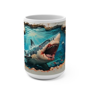Shark Attack Coffee Mug, Ocean Lover Gift, Unique Shark Themed Cup, Beach Decor, Birthday Present