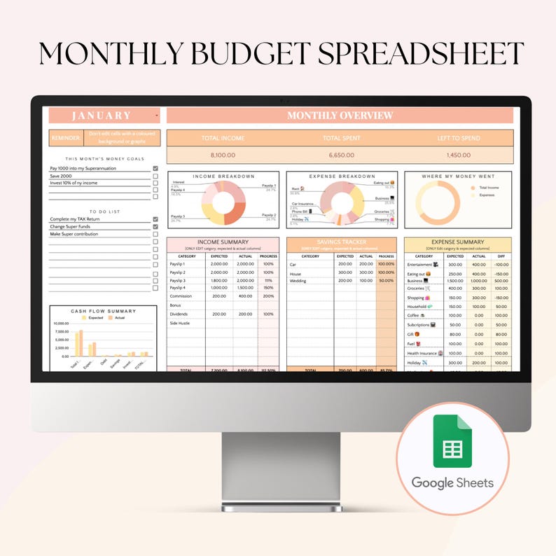 Monthly Budget Spreadsheet - Google Sheets Template - Etsy