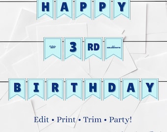 Light Blue Birthday Banner Printable: Editable Bunting Flags (Canva Template, Digital Download