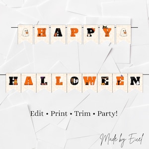Orange and Black Halloween Banner Printable • Cute Ghost & Pumpkin Letters • Editable Canva Template and PDF • Halloween Bunting Printable