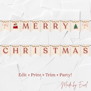 Printable Christmas Banner | Red and Cream Holiday Bunting | Merry Christmas Bunting Garland | Festive Christmas Holiday Decoration | PDF