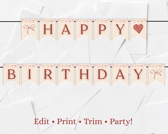 Pink & Red Birthday Banner Printable | Happy Birthday Banner | Birthday decoration | Birthday Bunting Flag | Birthday Party Decoration | PDF