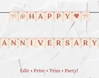 Red & Cream Anniversary Banner Printable | Happy Anniversary Sign Digital | Anniversary Bunting | Anniversary Decoration | Anniversary Party