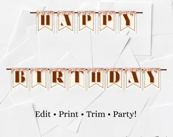 Cream & Brown Floral Birthday Banner Happy Birthday Banner Bunting Flags Digital File Brown Banner Cream Banner Floral Banner Printable