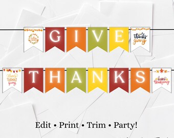 Printable Give Thanks Banner Happy Thanksgiving Bunting Garlands Flag Happy Thanksgiving PDF Decorations Fall Colors Bunting Thanksgiving