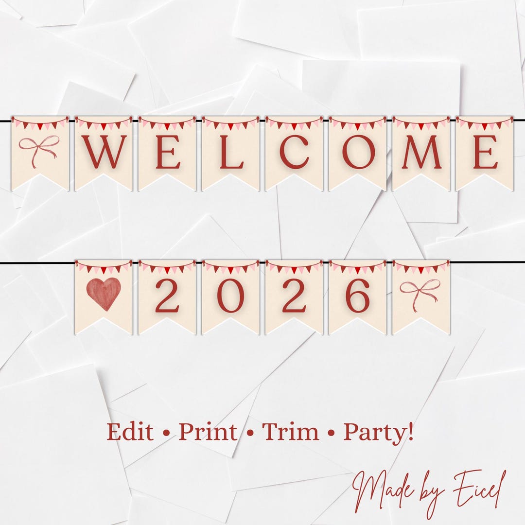 Welcome 2026 Banner Red & Cream Printable | New Year Party Decoration ...