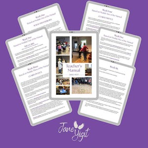 May include: A digital tablet displays a Teacher's Manual with the name Jane Yigit. Surrounding tablets show text-based lessons titled "Auras and Energies," "The Clairs," and "Clairvoyance." The background is a gradient of purple.