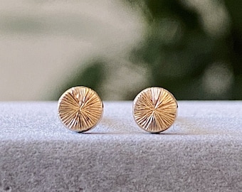 Engraved Solid Yellow Gold Stud Earrings, 14k dainty studs, tiny gold earrings, minimalist, delicate gold, second hole, feminine, sunburst