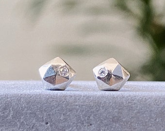 Micro Fragment Diamond Stud Earrings in Sterling Silver, Silver and Diamond Faceted Stud Earrings - Geometric Earring - second hole earrings