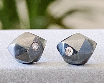 Tiny Oxidized Silver Diamond Fragment Stud Earrings, faceted, edgy, geometric, nugget, recycled, conflict free, wabi-sabi, gift for wife