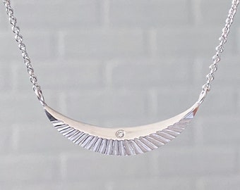 Silver and diamond Icarus necklace, textured crescent pendant, sunrise, sunburst, halo, wings, half moon pendant, layering necklace