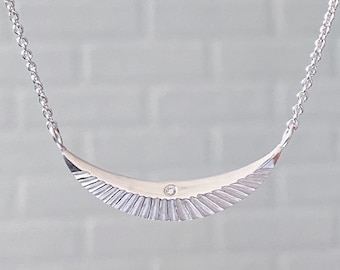 Silver and diamond Icarus necklace, textured crescent pendant, sunrise, sunburst, halo, wings, half moon pendant, layering necklace