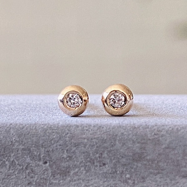 Solid Gold and Diamond Stud Earrings, Tiny Diamond Droplet Studs, diamond earrings, second hole earrings, conflict free recycled gold studs