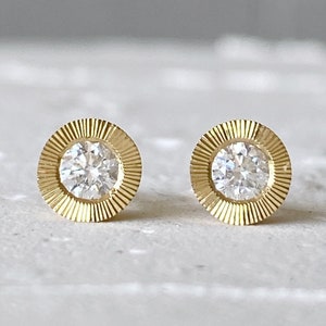 Large Aurora Stud Earrings, Diamond and Yellow gold halo stud earrings with engraving, radiant sunburst engraved border, second hole posts
