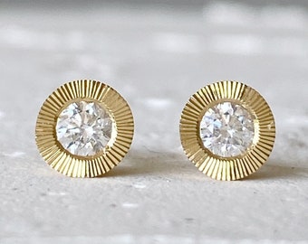 Large Aurora Stud Earrings, Diamond and Yellow gold halo stud earrings with engraving, radiant sunburst engraved border, second hole posts